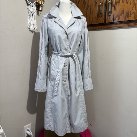 Freddi Gail 70s Vintage Blue Button Up Hooded Trench Coat Purple Trim Size 9 M - Picture 2 of 13